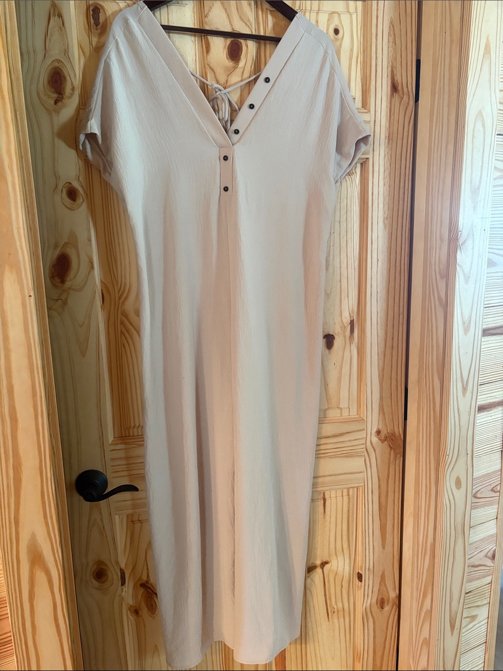 Light Beige V-Neck Midi Dress with Button Detail